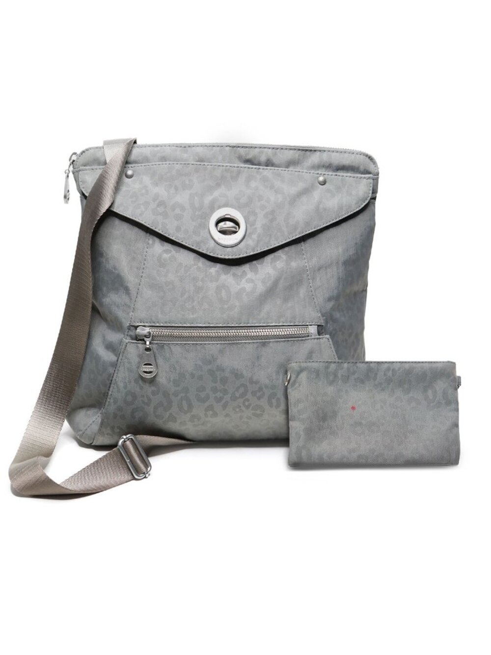 Baggallini Grey Leopard Print Crossbody Bag Purse with Coin Pouch